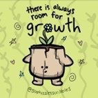 White framed graphic image with a bright, earth green background and friendly animated, light brown tree stump with a half smile. The cheerful blue flower sprouting from the top is also the “o” in “growth” featured in the dark, lowercased text “There is always room for growth”. Background also includes colorful and playful array of shapes, such as swirls, stars and hearts. 