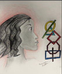 Side profile of a woman’s face and wavy hair with talents, and disabilities written on different locks of hair. She is staring straight ahead at colorful shapes that are interlocked together like a chain. Which are supposed to represent an expression of creativity. 