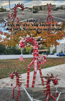 A collage of five photos of a sculpture made with dented Coke Zero cans. The title of the artwork is overlaid in a hard-to-read font. The sculpture has three legs converging into a cane-shaped body with several long and short cardboard cylinders jutting out along the top and back of the body. There is a spiraling tail, and web-like strings of hot glue drape out of the “mouth” of the sculpture while a Coke Zero can hangs, enveloped by the web. The largest photo, in the center of the collage, is of the sculpt
