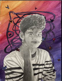 A watercolor and hand drawn self portrait of a boy, named Jay Means, diagnosed with Type 1 Diabetes, Depression, Anxiety, and ADHD, lightly smiling. Despite being in black and white, he is  thinning about the colorful shapes, birds, and the world all around him, reminding himself that all the beauty is in himself too. 