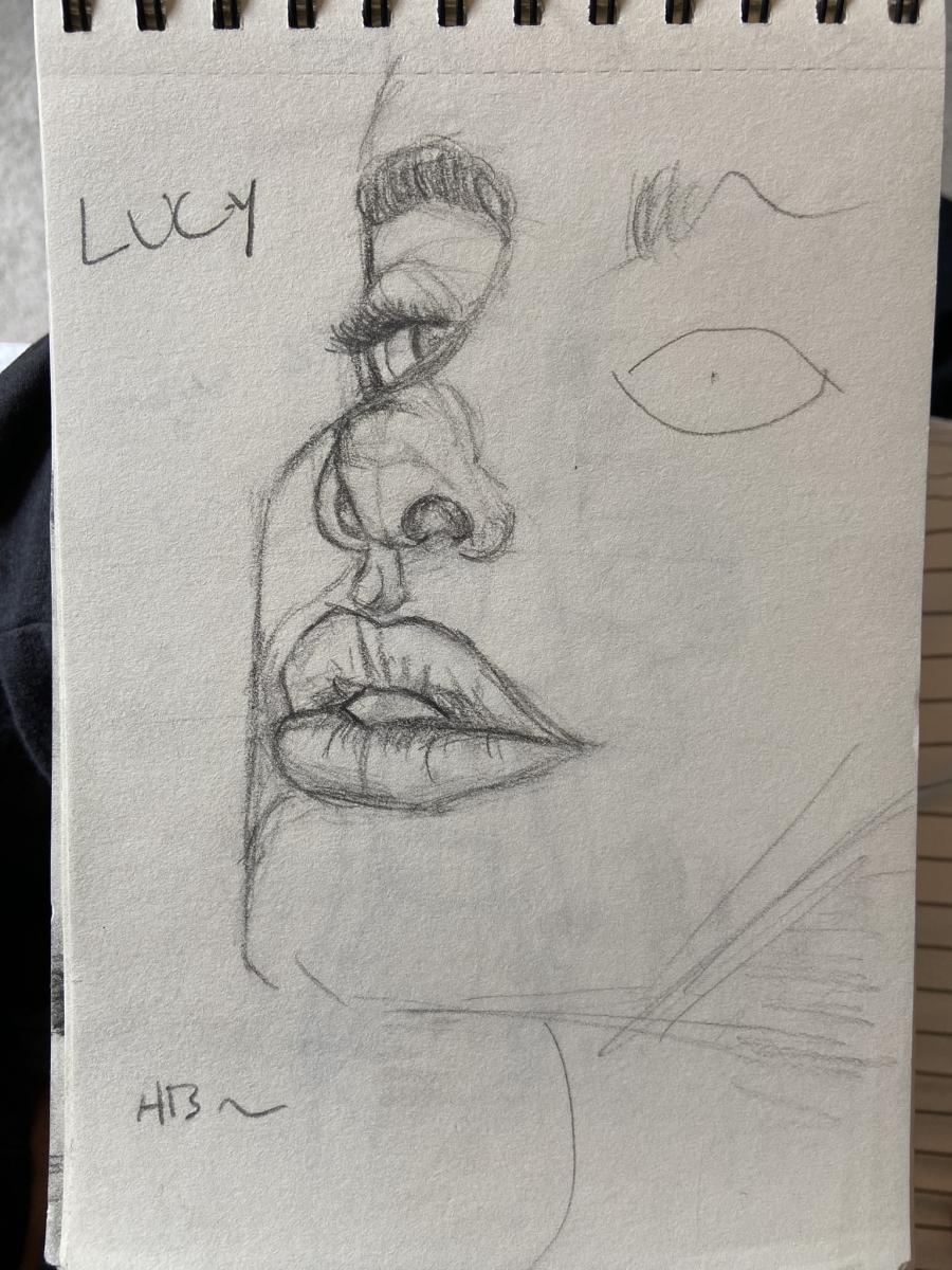 A pencil sketch of a person’s face turning toward the viewer. Half of the face is drawn in clarity, but it fades into crude jerking lines, the right eye just an oval with a tiny dot in the middle. 