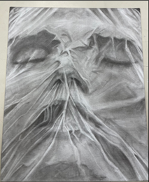 Artist has shared this piece titled Silent Suffocation which features an image composed in charcoal and graphite. The image depicts a face covered with sheet. It is a detailed and lifelike greyscale image featuring a fluid closeup of a feminine presenting face caught beneath a sheer fabric. As the viewer absorbs the contrasts of light and shadows, the darkest areas depicted are the closed and sunken beneath the brow bones, further emphasized by the perspective of the chin tilted up. The deceivingly simplist