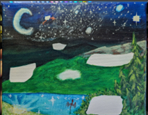 An acrylic painting. The background is a night sky with a galaxy and large crescent moon. Below the sky are dark mountains. The midground is a forested mountain in the day with the peak covered in patchy snow. Below the mountain is a lake showing a sunrise yet still containing stars. A small red dragon is emerging from the water. The foreground is a bush and a cluster of pine trees. Throughout the painting are white areas, either with blurred boarders or sharp boarders. In the night sky section, these blend