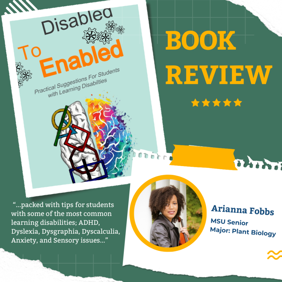 Graphic with dark green background and image of the Book Cover, "Disabled to Enabled" and a photo of student author, Arianna Fobbs