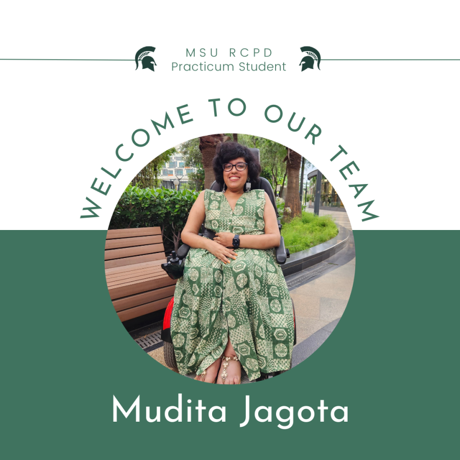 Photo of Mudita in her wheelchair outside in a green, flowy dress; Copy reads, Welcome to Our Team Mudita Jagota