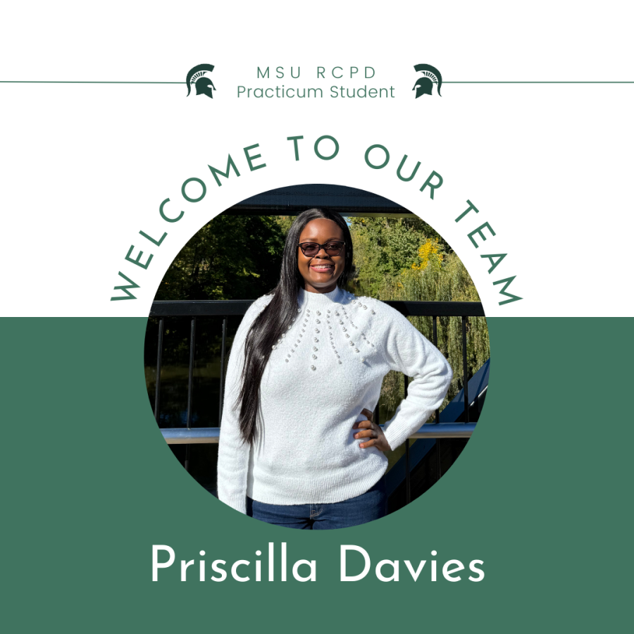 Photo of Priscilla standing outside; The image reads, Welcome to Our Team Priscilla Davies