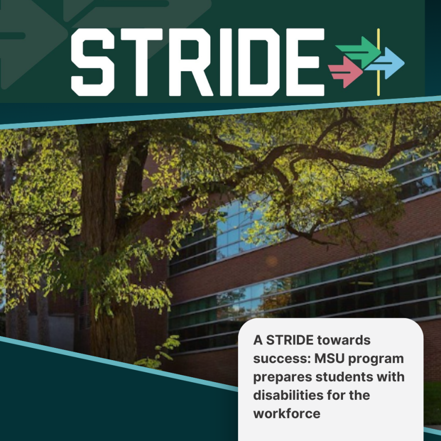 A photo of the Stride Center building on MSU's campus. The STRIDE logo is above the photo. In the bottom right corner is a white pop out box that reads the title of the MSU Today article, "A STRIDE towards success: MSU Program prepares students with disabilities for the workforce."