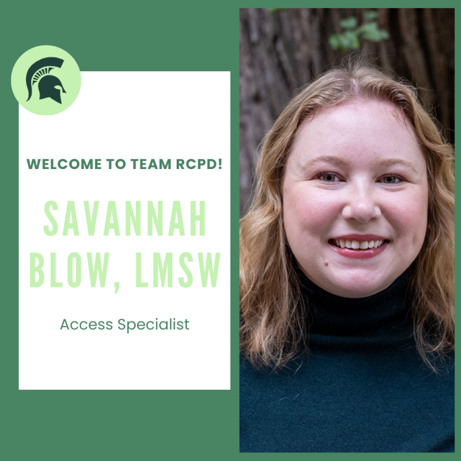 Savannah is smiling, has shoulder length blonde, wavy hair, and is wearing a navy turtleneck top. Copy reads, Welcome to team RCPD Savannah Blow, LMSW; Access Specialist